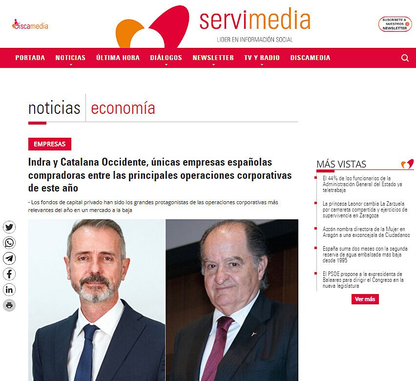 Indra y Catalana Occidente, nicas empresas espaolas compradoras entre las principales operaciones corporativas de este ao